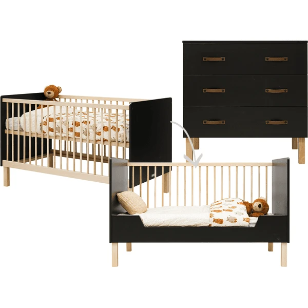 Bopita Babykamer Floris 2-delig Om Te Bouwen 70 X 140 Cm Mat Zwart / Naturel