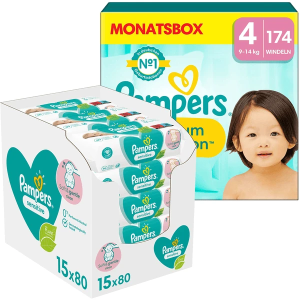 Pampers® Pampers Premium Protection , Maat 4, 9-14kg, Maandbox (1x 174 Luiers) En Pampers Sensitive Natte Doekjes 1200 Doekjes (15 X 80 Stuks)